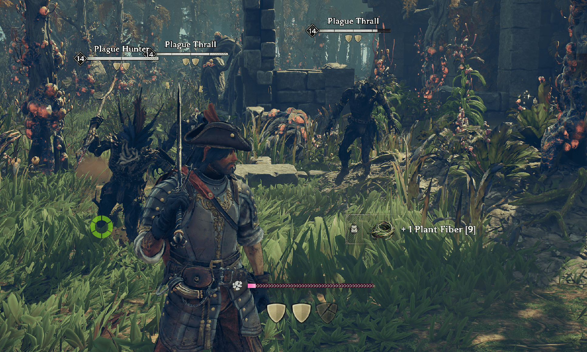 Windrose player exploring swamp ruins and fighting Plague Hunter enemies