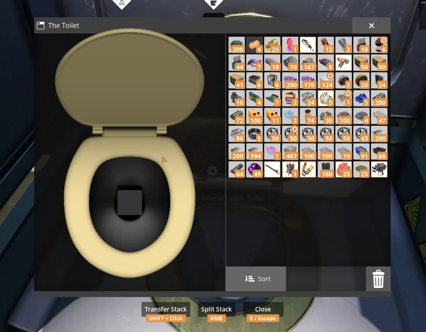Satisfactory 1.2 SPWN toilet UI showing the item disposal inventory screen