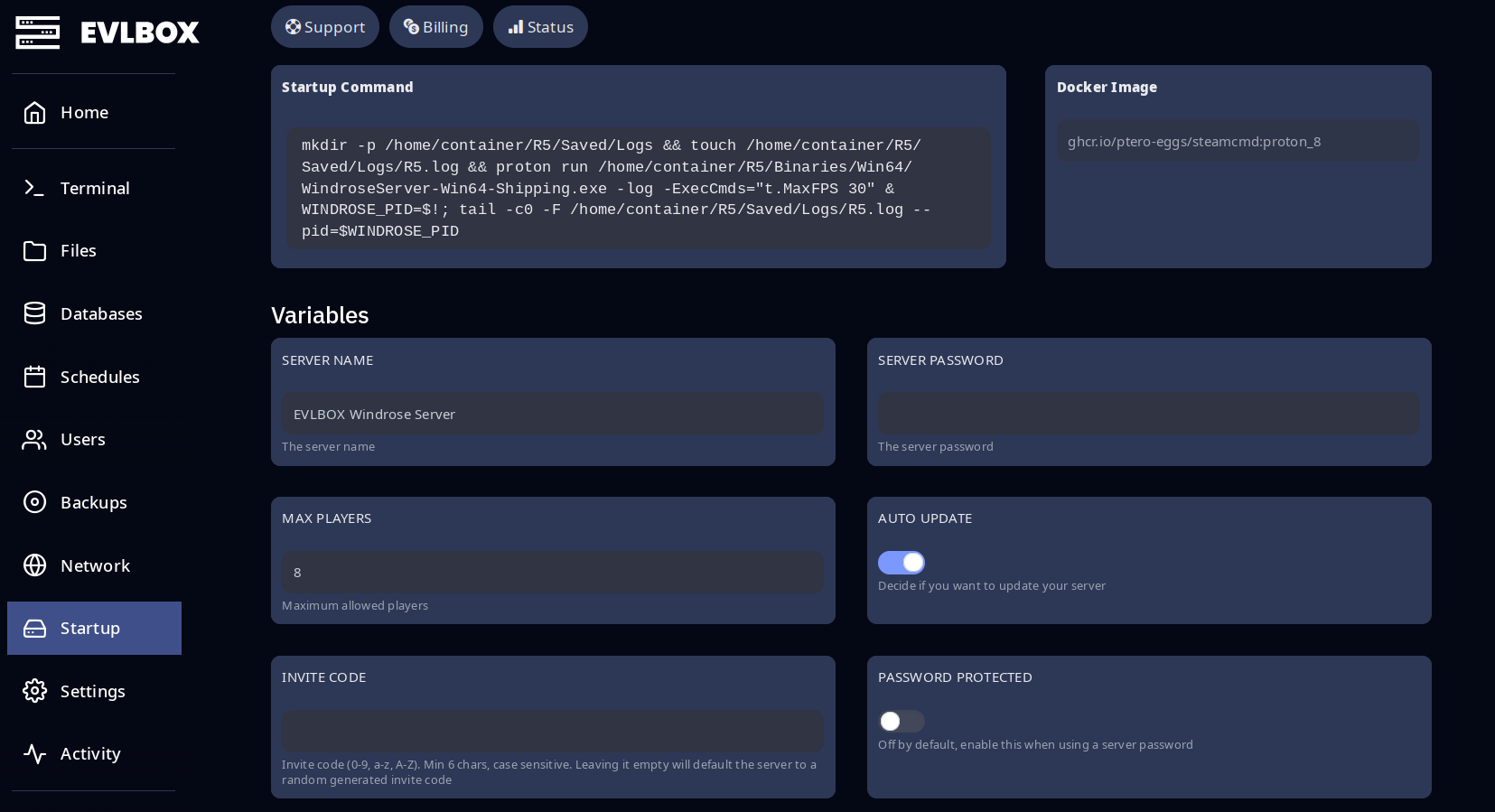 Nitro panel Startup tab